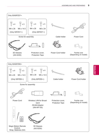 9
ENGENGLISH
ASSEMBLING AND PREPARING
Only 50/60PZ95**
(Only 50PZ95**) (Only 60PZ95**) Cable holder Power Cord holder
Screw for assembly
Power Cord Wireless LAN for Broad-
band
/DLNA Adaptor
(AN-WF100)
Protection cover,
Protection Tape
Ferrite core
(Depending on model)
Magic Motion Remote
Control,
Strap, Batteries (AA)
3D Glasses
(AG-S250)
Only 50/60PZ57**
Screw for assembly Cable holder Power Cord
3D Glasses
(AG-S250)
Protection cover,
Protection Tape
Power Cord holder Ferrite core
(Depending on model)
x 4 x 3
M4 x 26 M5 x 14.5
(Only 50PZ57**)
x 4 x 3
M4 x 28 M5 x 24
(Only 60PZ57**)
Home
OK
P
MUTE
FREEZE
RATIO
L/R SELECT
ENTER
BACK EXIT
Q.MENUINFOMENU
CHVOL
P
A
G
E
FAV
3D
MUTE
1 2 3
4 5 6
7 8
0
9
MARK
LIST
FLASHBK
ENERGY
SAVING
TV
AV MODE INPUT
x 4 x 3
M4 x 26 M5 x 14.5
x 4 x 4
M4 x 28 M5 x 14.5
 
