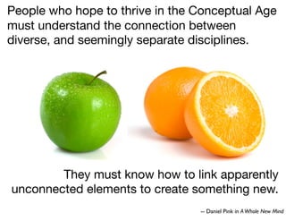 They must know how to link apparently
unconnected elements to create something new.
People who hope to thrive in the Conceptual Age
must understand the connection between
diverse, and seemingly separate disciplines.
-- Daniel Pink in AWhole New Mind
 