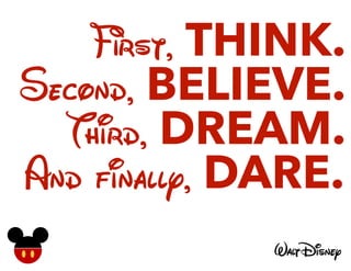 rst, THINK.
Second, BELIEVE.
Third, DREAM.
And finally, DARE.
 