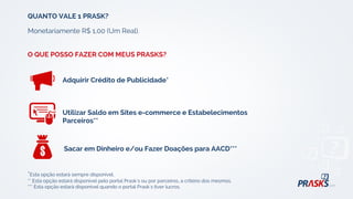 QUANTO VALE 1 PRASK?
Monetariamente R$ 1,00 (Um Real).
O QUE POSSO FAZER COM MEUS PRASKS?
*Esta opção estará sempre disponível.
** Esta opção estará disponível pelo portal Prask`s ou por parceiros, a critério dos mesmos.
*** Esta opção estará disponível quando o portal Prask`s tiver lucros.
Adquirir Crédito de Publicidade*
Sacar em Dinheiro e/ou Fazer Doações para AACD***
Utilizar Saldo em Sites e-commerce e Estabelecimentos
Parceiros**
 
