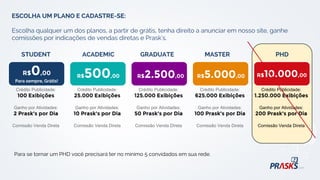 STUDENT
R$0,00
Para sempre, Grátis!
ACADEMIC
R$500,00
Crédito Publicidade:
100 Exibições
Ganho por Atividades:
2 Prask's por Dia
Comissão Venda Direta
Crédito Publicidade:
25.000 Exibições
Ganho por Atividades:
10 Prask's por Dia
Comissão Venda Direta
GRADUATE
R$2.500,00
Crédito Publicidade:
125.000 Exibições
Ganho por Atividades:
50 Prask's por Dia
Comissão Venda Direta
MASTER
R$5.000,00
Crédito Publicidade:
625.000 Exibições
Ganho por Atividades:
100 Prask's por Dia
Comissão Venda Direta
PHD
R$10.000,00
Crédito Publicidade:
1.250.000 Exibições
Ganho por Atividades:
200 Prask's por Dia
Comissão Venda Direta
Para se tornar um PHD você precisará ter no mínimo 5 convidados em sua rede.
ESCOLHA UM PLANO E CADASTRE-SE:
Escolha qualquer um dos planos, a partir de grátis, tenha direito a anunciar em nosso site, ganhe
comissões por indicações de vendas diretas e Prask's.
 