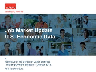•
Job Market Update
U.S. Economic Data
Reflective of the Bureau of Labor Statistics
“The Employment Situation – October 2015”
As of November 2015
 