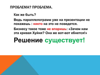 ПРОБЛЕМА? ПРОБЛЕМА. 
Как же быть? 
Ведь параллелограмм уже на презентации не 
покажешь : никто на это не поведется. 
Бизнесу такое тоже не впаришь: «Зачем нам 
эта кривая Хуйня? Она же вот-вот ебнется!» 
Решение существует! 
 