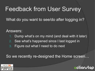 Feedback from User Survey 
What do you want to see/do after logging in? 
Answers: 
1. Dump what’s on my mind (and deal with it later) 
2. See what’s happened since I last logged in 
3. Figure out what I need to do next 
So we recently re-designed the Home screen… 
 