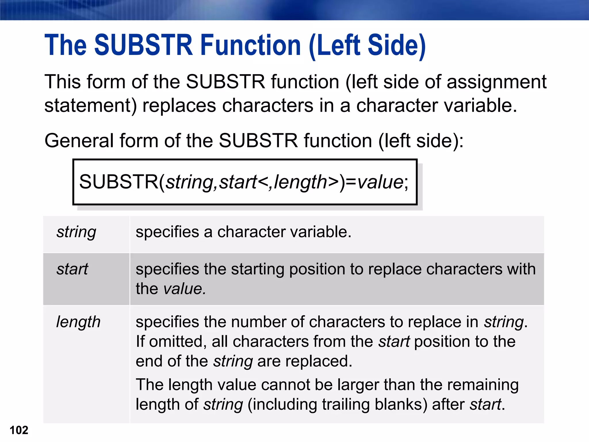 102
The SUBSTR Function (Left Side)
This form of the SUBSTR function (left side of assignment
statement) replaces characters in a character variable.
General form of the SUBSTR function (left side):
102
SUBSTR(string,start<,length>)=value;
string specifies a character variable.
start specifies the starting position to replace characters with
the value.
length specifies the number of characters to replace in string.
If omitted, all characters from the start position to the
end of the string are replaced.
The length value cannot be larger than the remaining
length of string (including trailing blanks) after start.
 