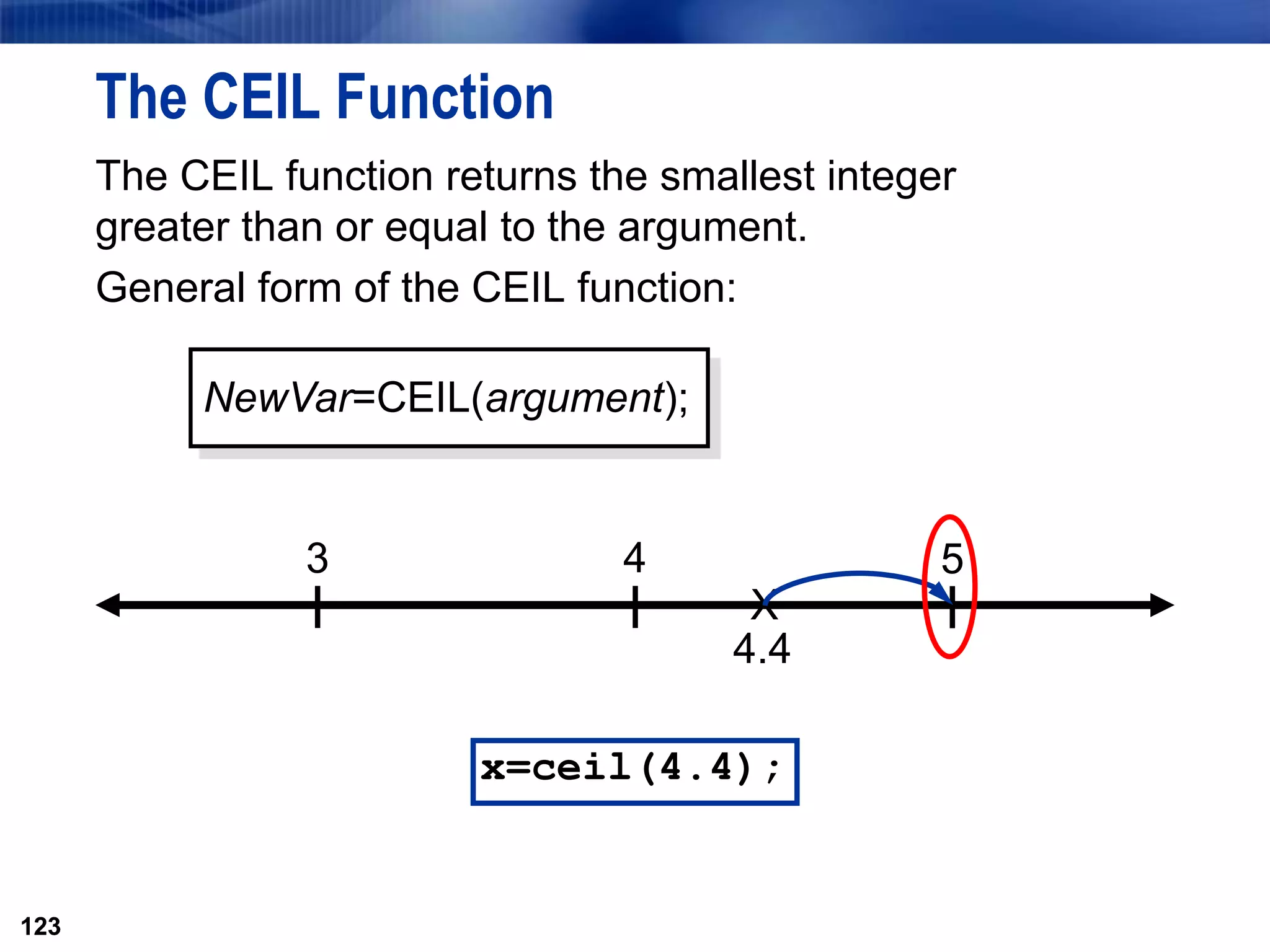 123
The CEIL Function
The CEIL function returns the smallest integer
greater than or equal to the argument.
General form of the CEIL function:
123
3 4 5
X
4.4
NewVar=CEIL(argument);
x=ceil(4.4);
 