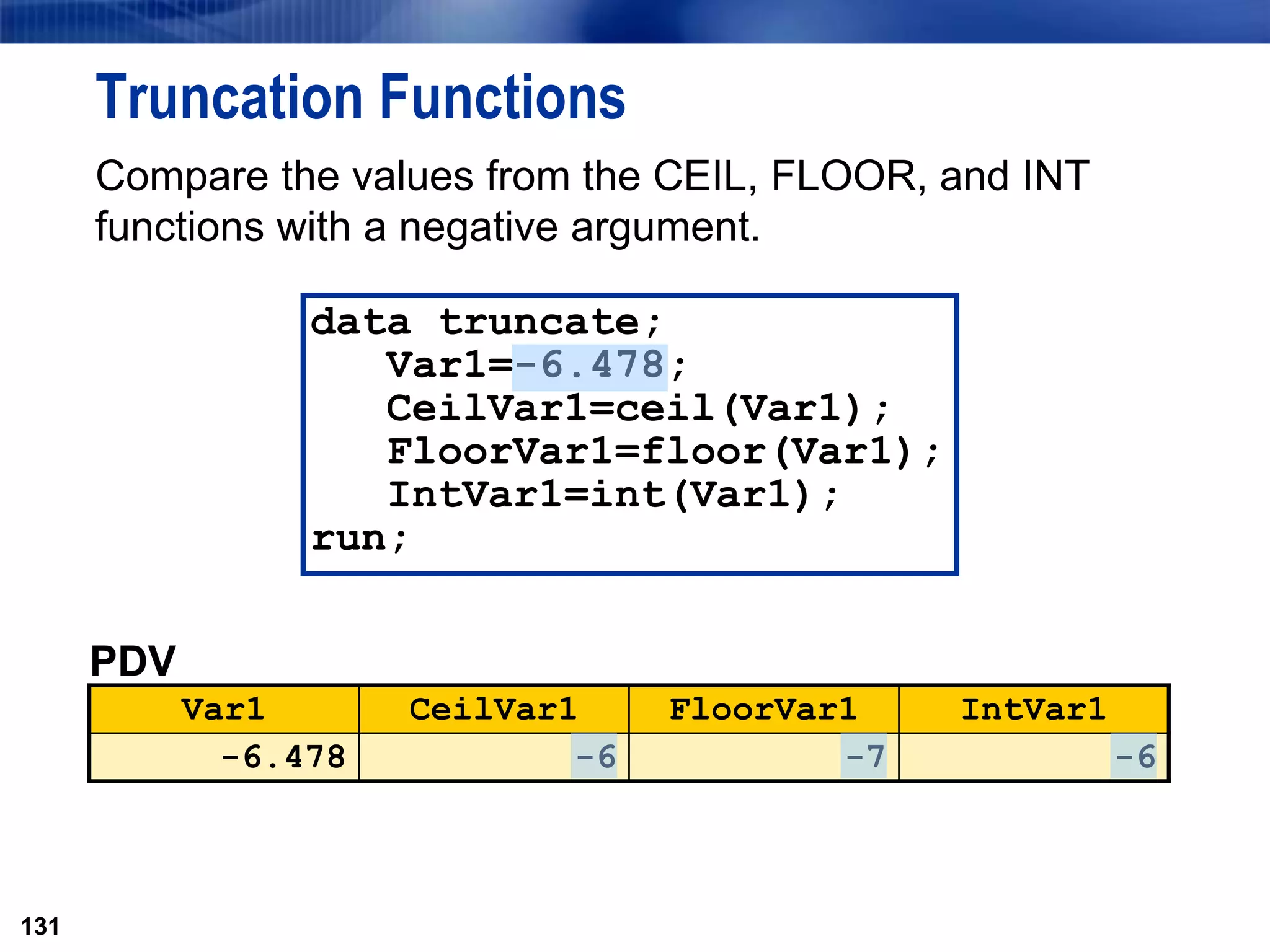 131
Truncation Functions
Compare the values from the CEIL, FLOOR, and INT
functions with a negative argument.
131
PDV
Var1 CeilVar1 FloorVar1 IntVar1
-6.478 -6 -7 -6
data truncate;
Var1=-6.478;
CeilVar1=ceil(Var1);
FloorVar1=floor(Var1);
IntVar1=int(Var1);
run;
 