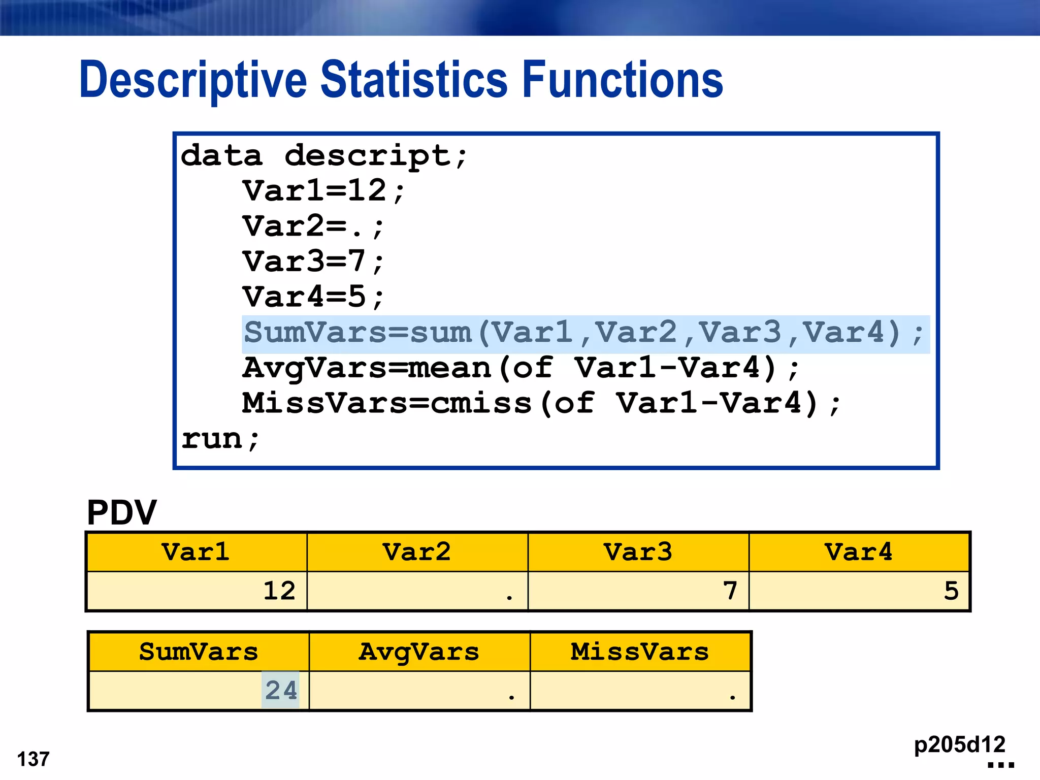 137
Descriptive Statistics Functions
137
PDV
Var1 Var2 Var3 Var4
12 . 7 5
data descript;
Var1=12;
Var2=.;
Var3=7;
Var4=5;
SumVars=sum(Var1,Var2,Var3,Var4);
AvgVars=mean(of Var1-Var4);
MissVars=cmiss(of Var1-Var4);
run;
SumVars AvgVars MissVars
24 . .
p205d12
...
 