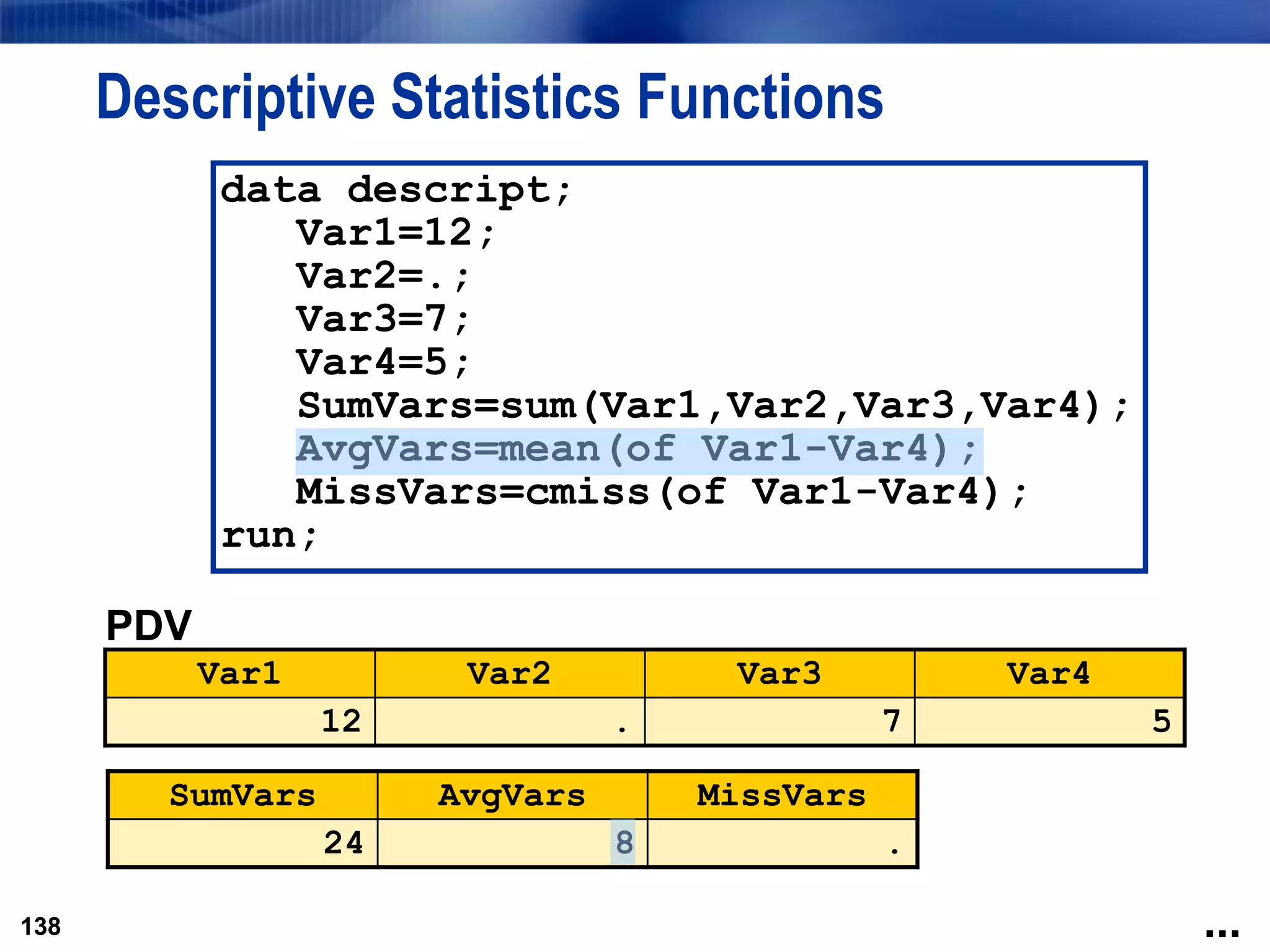 138
Descriptive Statistics Functions
138
PDV
Var1 Var2 Var3 Var4
12 . 7 5
data descript;
Var1=12;
Var2=.;
Var3=7;
Var4=5;
SumVars=sum(Var1,Var2,Var3,Var4);
AvgVars=mean(of Var1-Var4);
MissVars=cmiss(of Var1-Var4);
run;
SumVars AvgVars MissVars
24 8 .
...
 