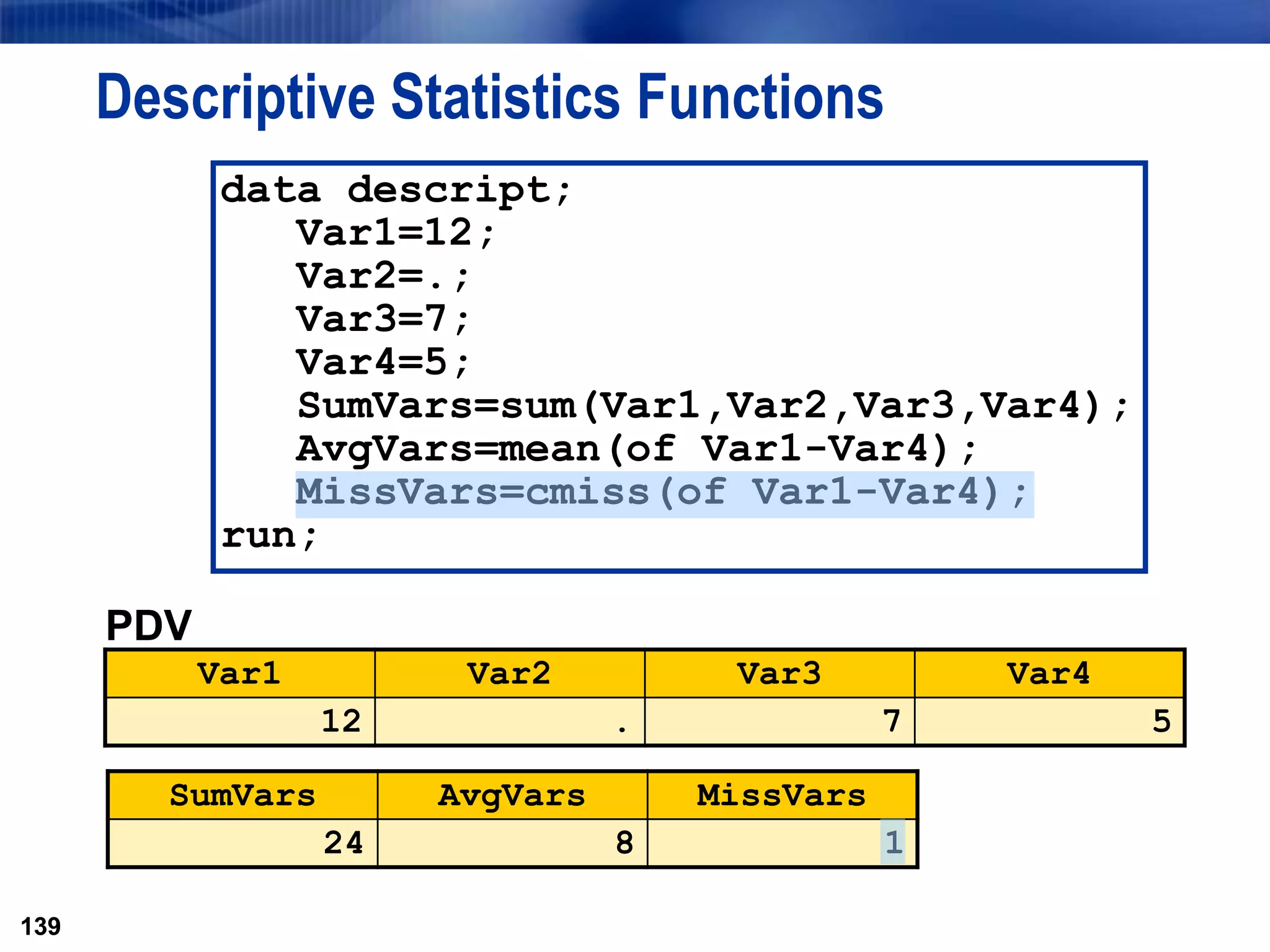 139
Descriptive Statistics Functions
139
PDV
Var1 Var2 Var3 Var4
12 . 7 5
data descript;
Var1=12;
Var2=.;
Var3=7;
Var4=5;
SumVars=sum(Var1,Var2,Var3,Var4);
AvgVars=mean(of Var1-Var4);
MissVars=cmiss(of Var1-Var4);
run;
SumVars AvgVars MissVars
24 8 1
 