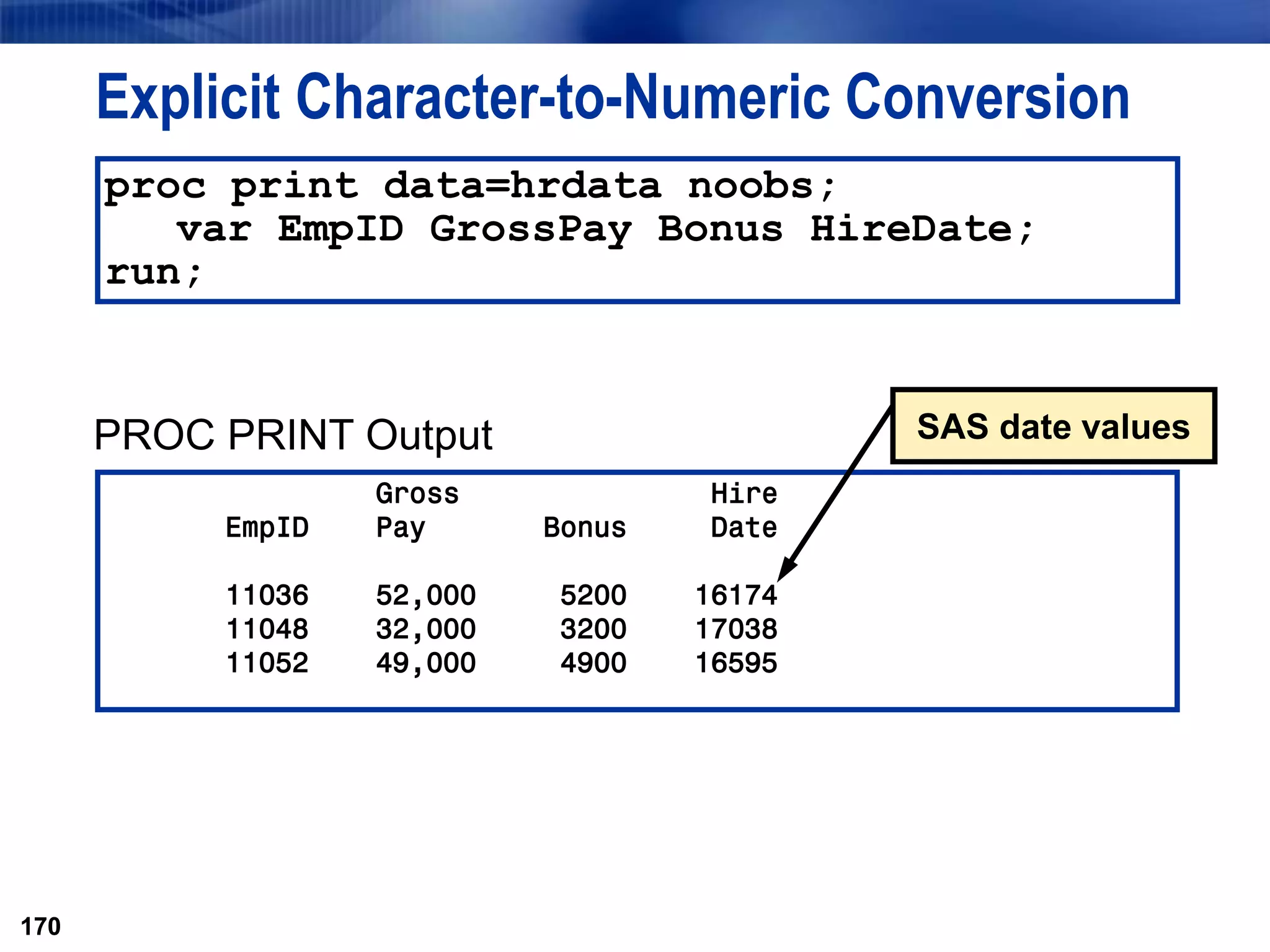 170
proc print data=hrdata noobs;
var EmpID GrossPay Bonus HireDate;
run;
Explicit Character-to-Numeric Conversion
170
PROC PRINT Output
Gross Hire
EmpID Pay Bonus Date
11036 52,000 5200 16174
11048 32,000 3200 17038
11052 49,000 4900 16595
SAS date values
 