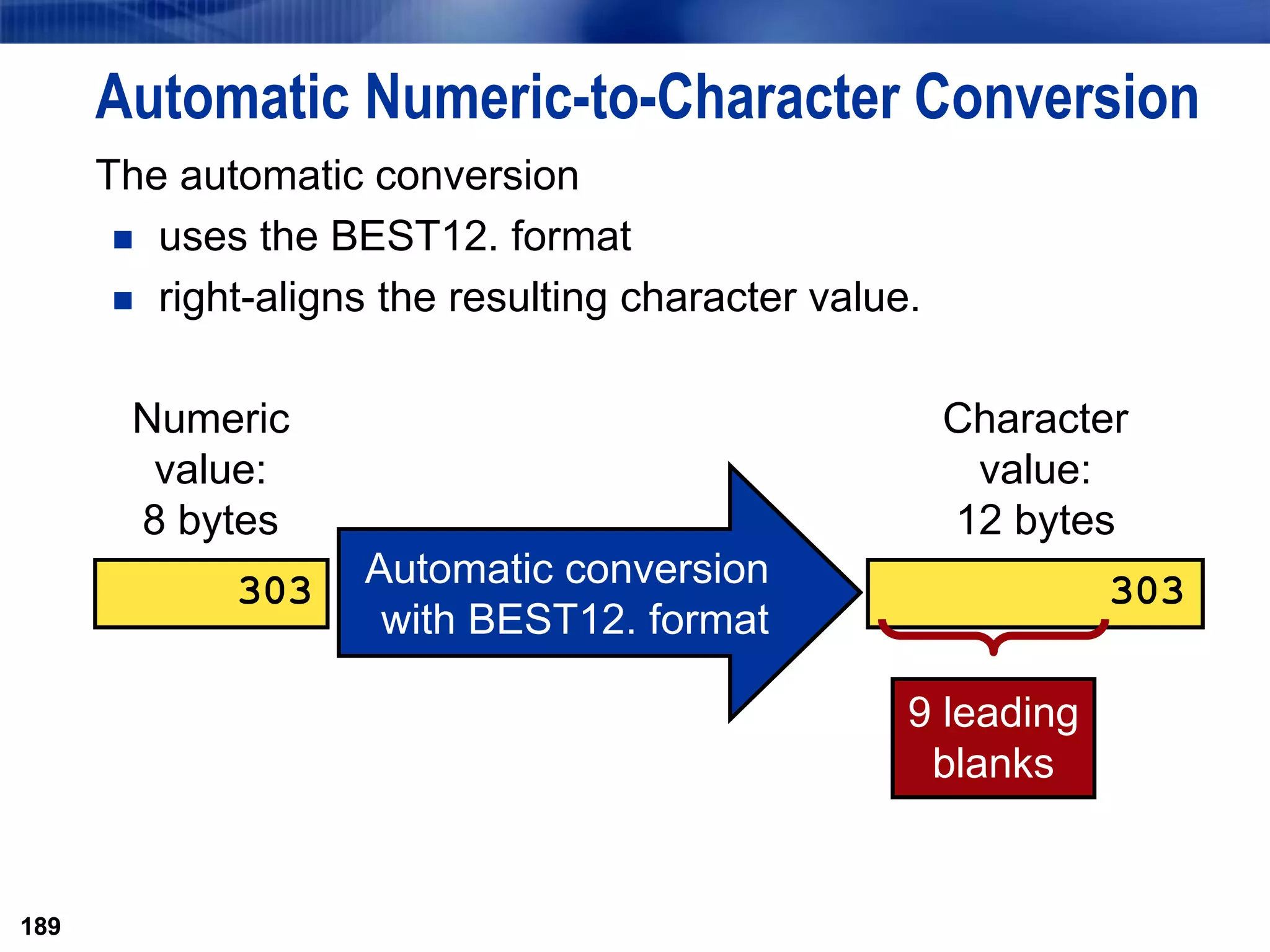189
Automatic Numeric-to-Character Conversion
189
The automatic conversion
 uses the BEST12. format
 right-aligns the resulting character value.
Automatic conversion
with BEST12. format
Numeric
value:
8 bytes
303
Character
value:
12 bytes
303
9 leading
blanks
 