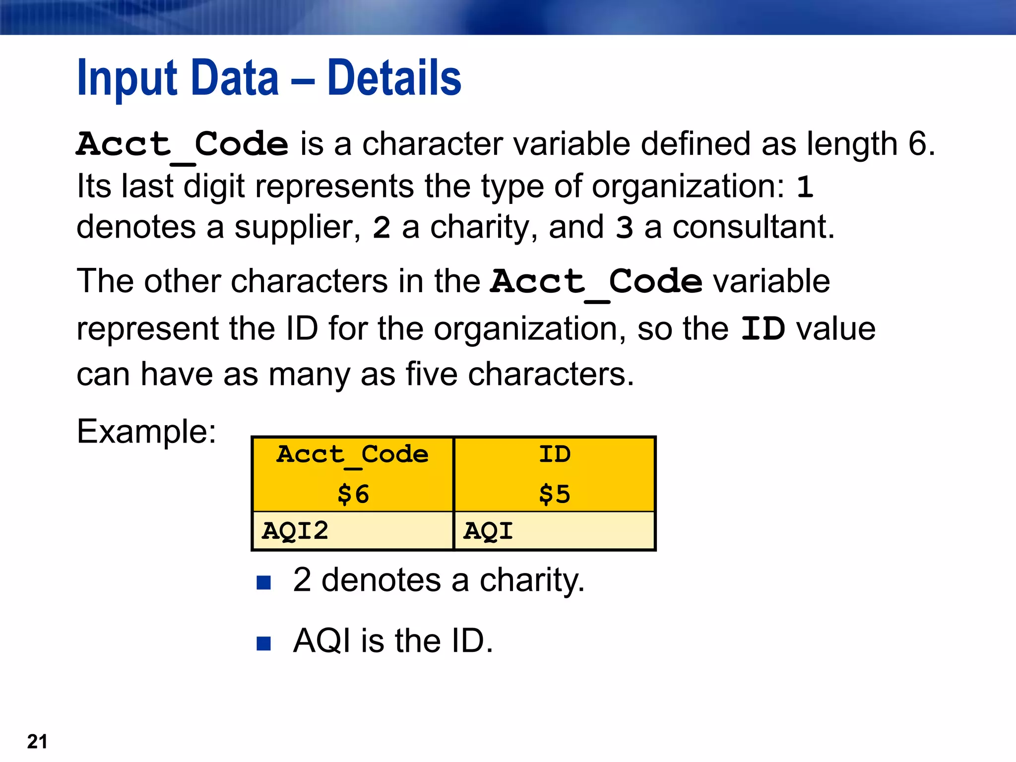 21
Input Data – Details
Acct_Code is a character variable defined as length 6.
Its last digit represents the type of organization: 1
denotes a supplier, 2 a charity, and 3 a consultant.
The other characters in the Acct_Code variable
represent the ID for the organization, so the ID value
can have as many as five characters.
Example:
21
Acct_Code
$6
ID
$5
AQI2 AQI
 2 denotes a charity.
 AQI is the ID.
 