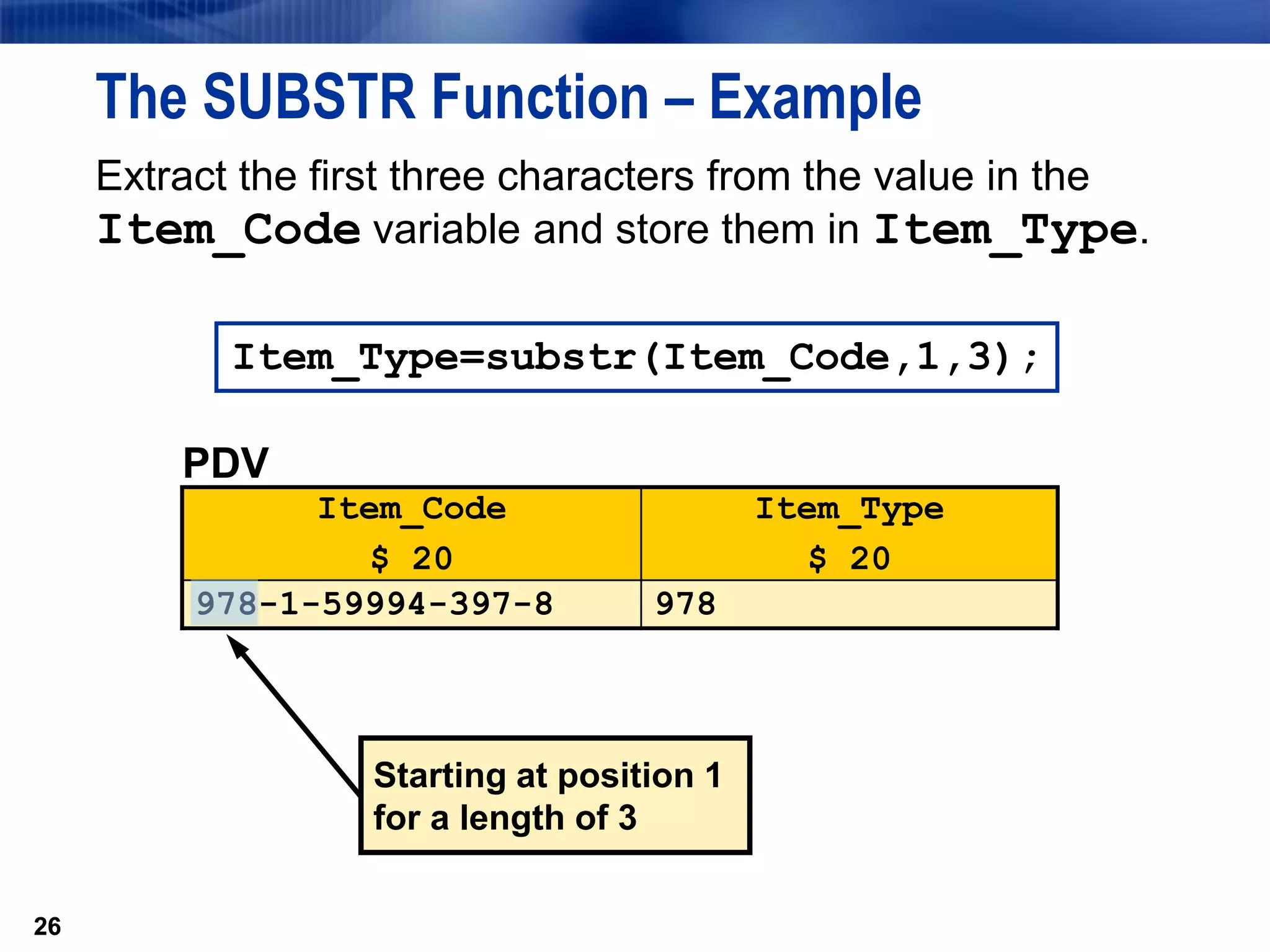26
The SUBSTR Function – Example
Extract the first three characters from the value in the
Item_Code variable and store them in Item_Type.
26
Item_Type=substr(Item_Code,1,3);
PDV
Item_Code
$ 20
Item_Type
$ 20
978-1-59994-397-8 978
Starting at position 1
for a length of 3
 