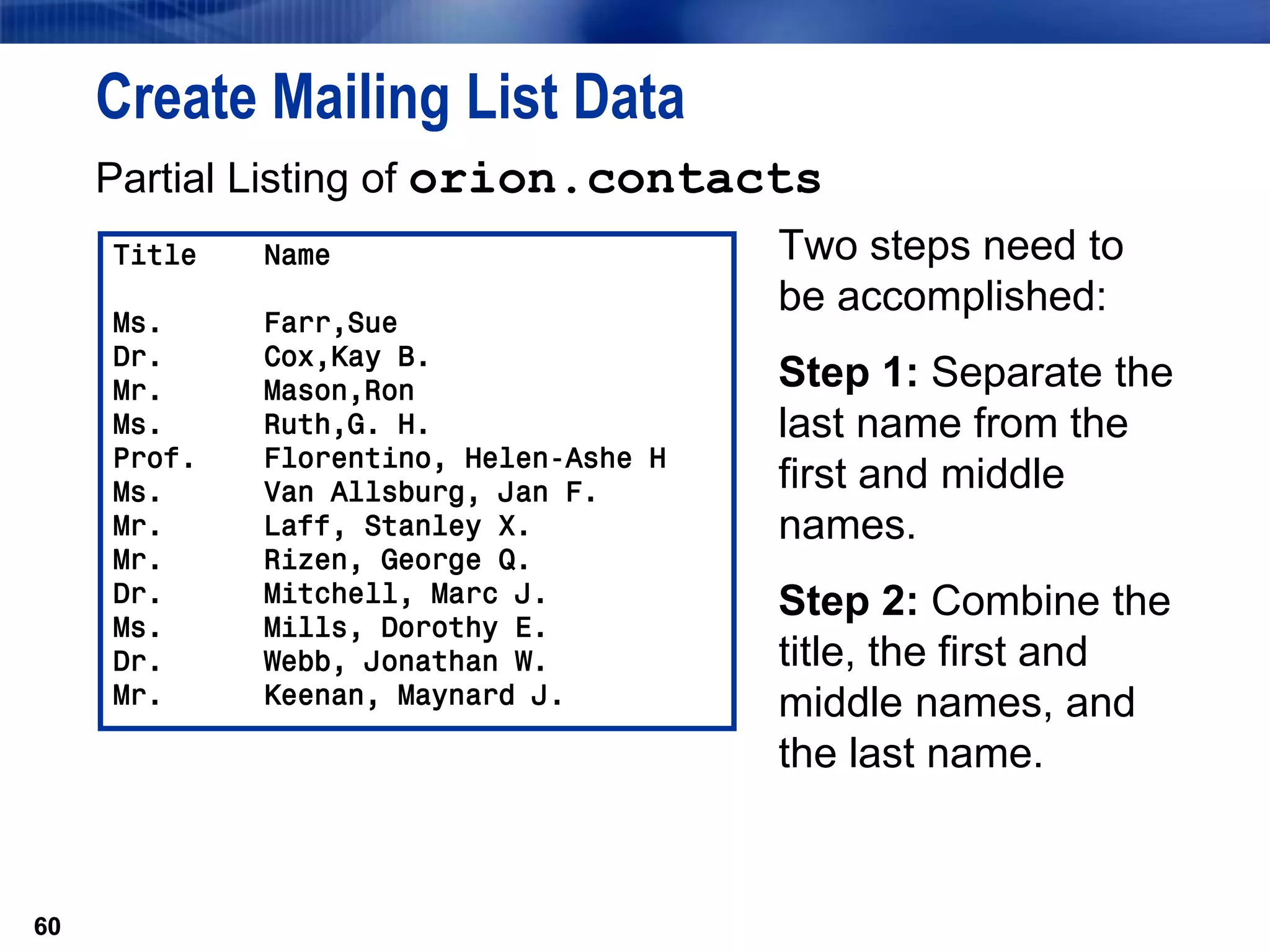 60
Create Mailing List Data
Partial Listing of orion.contacts
Two steps need to
be accomplished:
Step 1: Separate the
last name from the
first and middle
names.
Step 2: Combine the
title, the first and
middle names, and
the last name.
60
Title Name
Ms. Farr,Sue
Dr. Cox,Kay B.
Mr. Mason,Ron
Ms. Ruth,G. H.
Prof. Florentino, Helen-Ashe H
Ms. Van Allsburg, Jan F.
Mr. Laff, Stanley X.
Mr. Rizen, George Q.
Dr. Mitchell, Marc J.
Ms. Mills, Dorothy E.
Dr. Webb, Jonathan W.
Mr. Keenan, Maynard J.
 