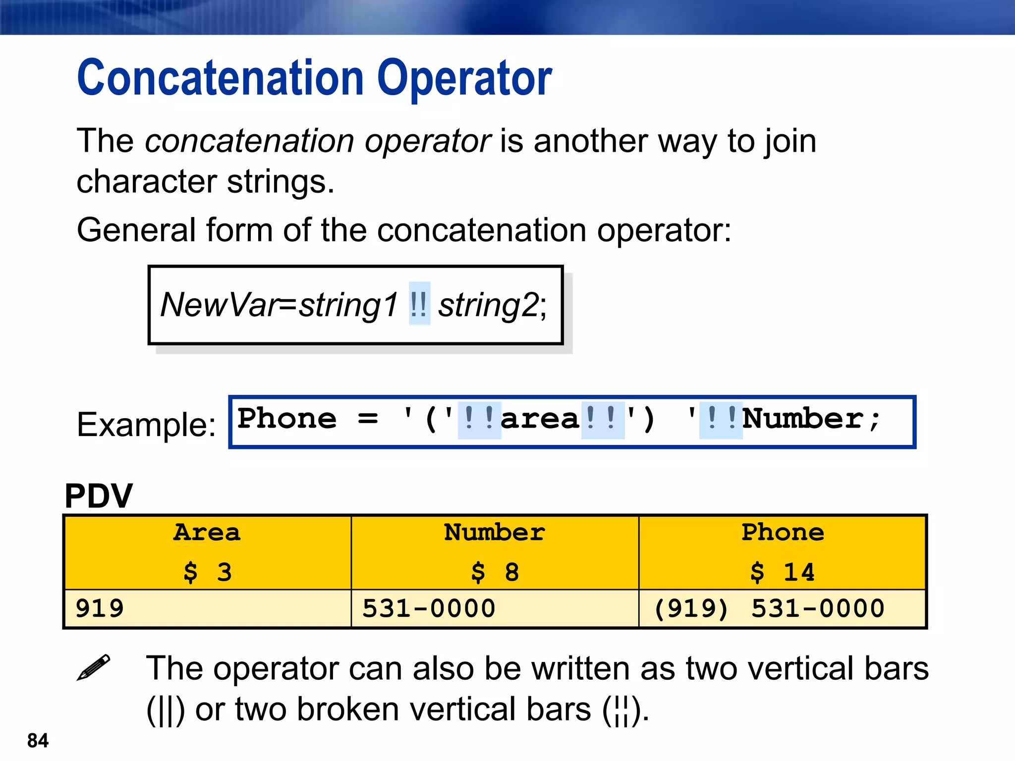 84
Concatenation Operator
The concatenation operator is another way to join
character strings.
General form of the concatenation operator:
Example:
 The operator can also be written as two vertical bars
(||) or two broken vertical bars (¦¦).
84
NewVar=string1 !! string2;
Phone = '('!!area!!') '!!Number;
PDV
Area
$ 3
Number
$ 8
Phone
$ 14
919 531-0000 (919) 531-0000
 