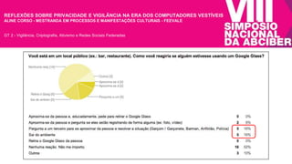 REFLEXÕES SOBRE PRIVACIDADE E VIGILÂNCIA NA ERA DOS COMPUTADORES VESTÍVEIS 
ALINE CORSO - MESTRANDA EM PROCESSOS E MANIFESTAÇÕES CULTURAIS - FEEVALE 
GT 2 - Vigilância, Criptografia, Ativismo e Redes Sociais Federadas 
 
