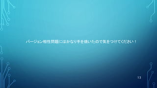 13
バージョン相性問題にはかなり手を焼いたので気をつけてください！
 