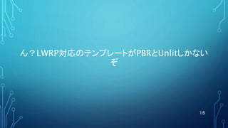 ん？LWRP対応のテンプレートがPBRとUnlitしかない
ぞ
18
 