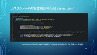 25
CommonInitとGenerateShaderForOutputをオーバーライドする事で作成可能
カスタムノードの実装例(LWRP対応Vertex Light)
 