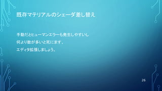 既存マテリアルのシェーダ差し替え
手動だとヒューマンエラーも発生しやすいし
何より数が多いと死にます、
エディタ拡張しましょう。
26
 
