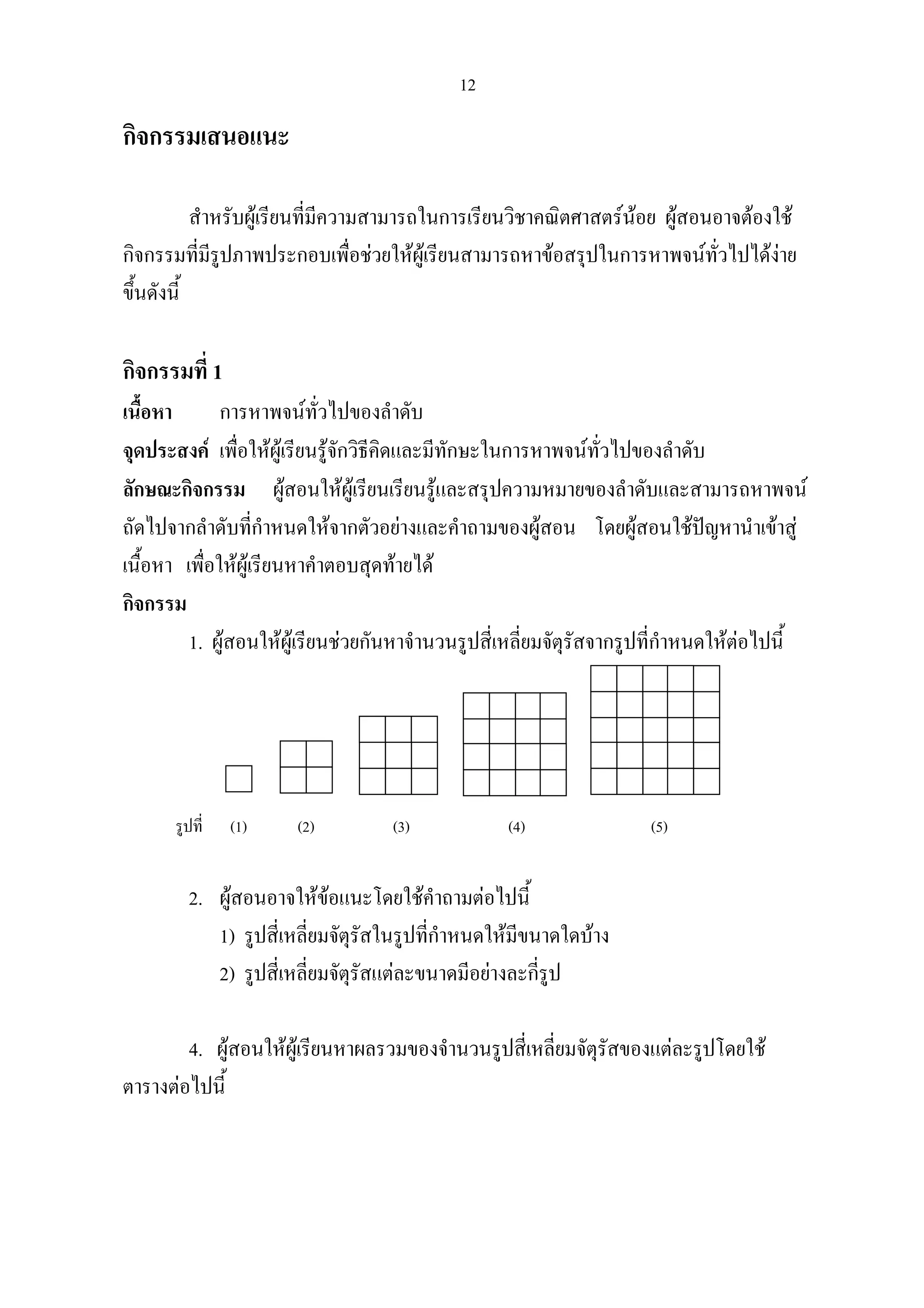12
กิจกรรมเสนอแนะ
สําหรับผูเรียนที่มีความสามารถในการเรียนวิชาคณิตศาสตรนอย ผูสอนอาจตองใช
กิจกรรมที่มีรูปภาพประกอบเพื่อชวยใหผูเรียนสามารถหาขอสรุปในการหาพจนทั่วไปไดงาย
ขึ้นดังนี้
กิจกรรมที่ 1
เนื้อหา การหาพจนทั่วไปของลําดับ
จุดประสงค เพื่อใหผูเรียนรูจักวิธีคิดและมีทักษะในการหาพจนทั่วไปของลําดับ
ลักษณะกิจกรรม ผูสอนใหผูเรียนเรียนรูและสรุปความหมายของลําดับและสามารถหาพจน
ถัดไปจากลําดับที่กําหนดใหจากตัวอยางและคําถามของผูสอน โดยผูสอนใชปญหานําเขาสู
เนื้อหา เพื่อใหผูเรียนหาคําตอบสุดทายได
กิจกรรม
1. ผูสอนใหผูเรียนชวยกันหาจํานวนรูปสี่เหลี่ยมจัตุรัสจากรูปที่กําหนดใหตอไปนี้
รูปที่ (1) (2) (3) (4) (5)
2. ผูสอนอาจใหขอแนะโดยใชคําถามตอไปนี้
1) รูปสี่เหลี่ยมจัตุรัสในรูปที่กําหนดใหมีขนาดใดบาง
2) รูปสี่เหลี่ยมจัตุรัสแตละขนาดมีอยางละกี่รูป
4. ผูสอนใหผูเรียนหาผลรวมของจํานวนรูปสี่เหลี่ยมจัตุรัสของแตละรูปโดยใช
ตารางตอไปนี้
 