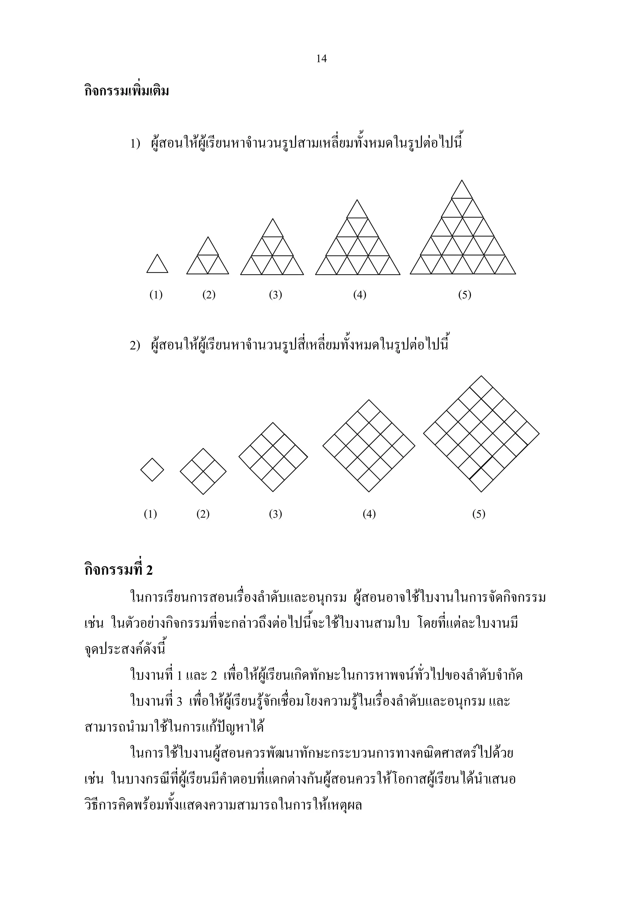 14
กิจกรรมเพิ่มเติม
1) ผูสอนใหผูเรียนหาจํานวนรูปสามเหลี่ยมทั้งหมดในรูปตอไปนี้
(1) (2) (3) (4) (5)
2) ผูสอนใหผูเรียนหาจํานวนรูปสี่เหลี่ยมทั้งหมดในรูปตอไปนี้
(1) (2) (3) (4) (5)
กิจกรรมที่ 2
ในการเรียนการสอนเรื่องลําดับและอนุกรม ผูสอนอาจใชใบงานในการจัดกิจกรรม
เชน ในตัวอยางกิจกรรมที่จะกลาวถึงตอไปนี้จะใชใบงานสามใบ โดยที่แตละใบงานมี
จุดประสงคดังนี้
ใบงานที่ 1 และ 2 เพื่อใหผูเรียนเกิดทักษะในการหาพจนทั่วไปของลําดับจํากัด
ใบงานที่ 3 เพื่อใหผูเรียนรูจักเชื่อมโยงความรูในเรื่องลําดับและอนุกรม และ
สามารถนํามาใชในการแกปญหาได
ในการใชใบงานผูสอนควรพัฒนาทักษะกระบวนการทางคณิตศาสตรไปดวย
เชน ในบางกรณีที่ผูเรียนมีคําตอบที่แตกตางกันผูสอนควรใหโอกาสผูเรียนไดนําเสนอ
วิธีการคิดพรอมทั้งแสดงความสามารถในการใหเหตุผล
 
