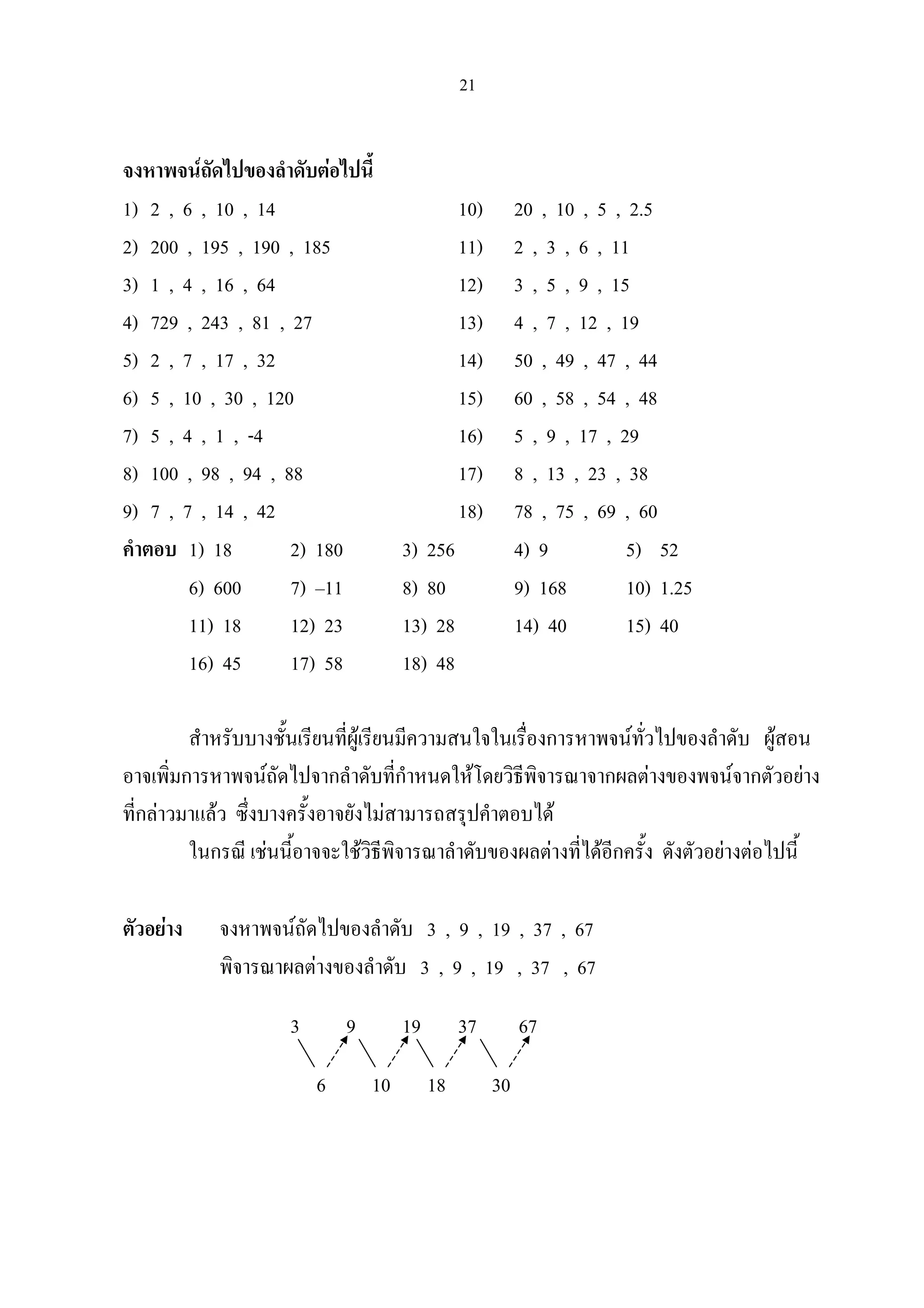 21
จงหาพจนถัดไปของลําดับตอไปนี้
1) 2 , 6 , 10 , 14 10) 20 , 10 , 5 , 2.5
2) 200 , 195 , 190 , 185 11) 2 , 3 , 6 , 11
3) 1 , 4 , 16 , 64 12) 3 , 5 , 9 , 15
4) 729 , 243 , 81 , 27 13) 4 , 7 , 12 , 19
5) 2 , 7 , 17 , 32 14) 50 , 49 , 47 , 44
6) 5 , 10 , 30 , 120 15) 60 , 58 , 54 , 48
7) 5 , 4 , 1 , -4 16) 5 , 9 , 17 , 29
8) 100 , 98 , 94 , 88 17) 8 , 13 , 23 , 38
9) 7 , 7 , 14 , 42 18) 78 , 75 , 69 , 60
คําตอบ 1) 18 2) 180 3) 256 4) 9 5) 52
6) 600 7) –11 8) 80 9) 168 10) 1.25
11) 18 12) 23 13) 28 14) 40 15) 40
16) 45 17) 58 18) 48
สําหรับบางชั้นเรียนที่ผูเรียนมีความสนใจในเรื่องการหาพจนทั่วไปของลําดับ ผูสอน
อาจเพิ่มการหาพจนถัดไปจากลําดับที่กําหนดใหโดยวิธีพิจารณาจากผลตางของพจนจากตัวอยาง
ที่กลาวมาแลว ซึ่งบางครั้งอาจยังไมสามารถสรุปคําตอบได
ในกรณี เชนนี้อาจจะใชวิธีพิจารณาลําดับของผลตางที่ไดอีกครั้ง ดังตัวอยางตอไปนี้
ตัวอยาง จงหาพจนถัดไปของลําดับ 3 , 9 , 19 , 37 , 67
พิจารณาผลตางของลําดับ 3 , 9 , 19 , 37 , 67
3 9 19 37 67
6 10 18 30
 
