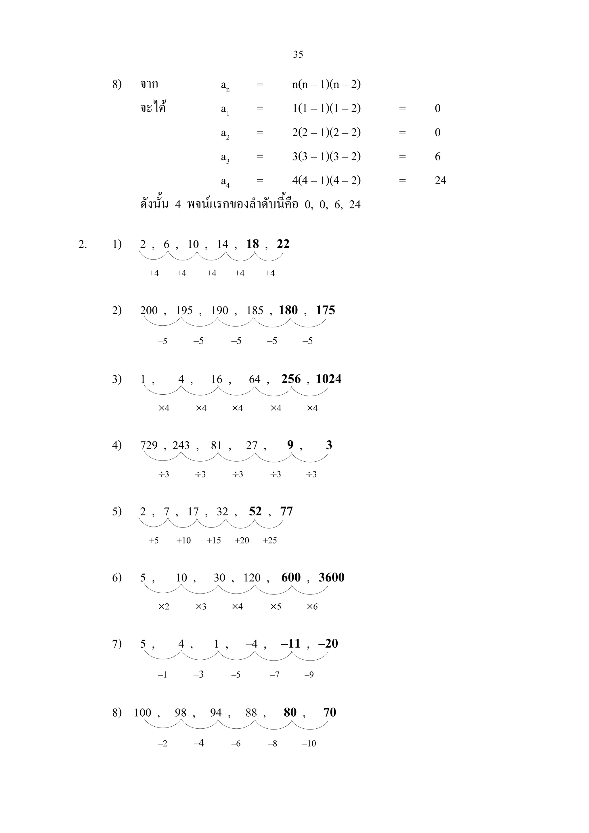 35
8) จาก an = n(n – 1)(n – 2)
จะได a1 = 1(1 – 1)(1 – 2) = 0
a2 = 2(2 – 1)(2 – 2) = 0
a3 = 3(3 – 1)(3 – 2) = 6
a4 = 4(4 – 1)(4 – 2) = 24
ดังนั้น 4 พจนแรกของลําดับนี้คือ 0, 0, 6, 24
2. 1) 2 , 6 , 10 , 14 , 18 , 22
+4 +4 +4 +4 +4
2) 200 , 195 , 190 , 185 , 180 , 175
–5 –5 –5 –5 –5
3) 1 , 4 , 16 , 64 , 256 , 1024
×4 ×4 ×4 ×4 ×4
4) 729 , 243 , 81 , 27 , 9 , 3
÷3 ÷3 ÷3 ÷3 ÷3
5) 2 , 7 , 17 , 32 , 52 , 77
+5 +10 +15 +20 +25
6) 5 , 10 , 30 , 120 , 600 , 3600
×2 ×3 ×4 ×5 ×6
7) 5 , 4 , 1 , –4 , –11 , –20
–1 –3 –5 –7 –9
8) 100 , 98 , 94 , 88 , 80 , 70
–2 –4 –6 –8 –10
 
