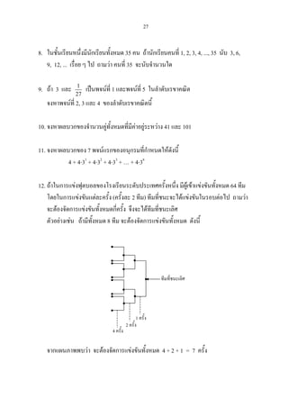 27
8. ในชั้นเรียนหนึ่งมีนักเรียนทั้งหมด 35 คน ถานักเรียนคนที่ 1, 2, 3, 4, ..., 35 นับ 3, 6,
9, 12, ... เรื่อย ๆ ไป ถามวา คนที่ 35 จะนับจํานวนใด
9. ถา 3 และ 1
27
เปนพจนที่ 1 และพจนที่ 5 ในลําดับเรขาคณิต
จงหาพจนที่ 2, 3 และ 4 ของลําดับเรขาคณิตนี้
10. จงหาผลบวกของจํานวนคูทั้งหมดที่มีคาอยูระหวาง 41 และ 101
11. จงหาผลบวกของ 7 พจนแรกของอนุกรมที่กําหนดใหดังนี้
4 + 4⋅31
+ 4⋅32
+ 4⋅33
+ … + 4⋅36
12. ถาในการแขงฟุตบอลของโรงเรียนระดับประเทศครั้งหนึ่ง มีผูเขาแขงขันทั้งหมด 64 ทีม
โดยในการแขงขันแตละครั้ง (ครั้งละ 2 ทีม) ทีมที่ชนะจะไดแขงขันในรอบตอไป ถามวา
จะตองจัดการแขงขันทั้งหมดกี่ครั้ง จึงจะไดทีมที่ชนะเลิศ
ตัวอยางเชน ถามีทั้งหมด 8 ทีม จะตองจัดการแขงขันทั้งหมด ดังนี้
จากแผนภาพพบวา จะตองจัดการแขงขันทั้งหมด 4 + 2 + 1 = 7 ครั้ง
1 ครั้ง
2 ครั้ง
4 ครั้ง
ทีมที่ชนะเลิศ
 