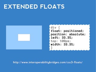 EXTENDED FLOATS


                             div {
                             float: positioned;
                             position: absolute;
                             left: 33.3%;
                             top: 100px;
                             width: 33.3%;
                             }



  http://www.interoperabilitybridges.com/css3-floats/
 