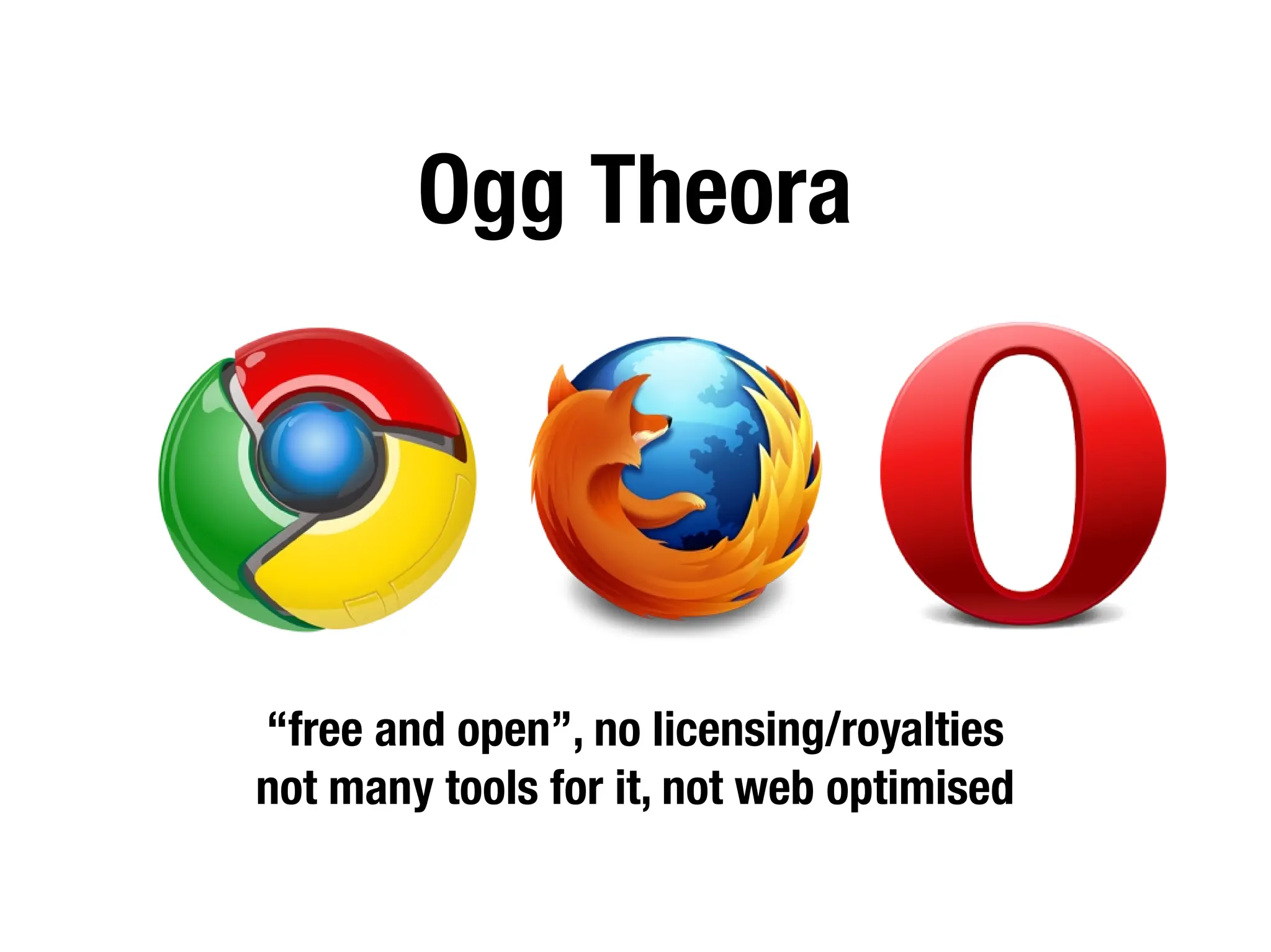 Ogg Theora




“free and open”, no licensing/royalties
not many tools for it, not web optimised
 