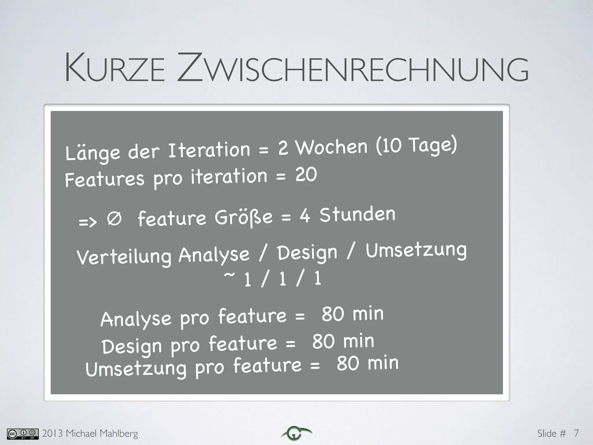 Slide #2013 Michael Mahlberg
KURZE ZWISCHENRECHNUNG
7
Länge der Iteration = 2 Wochen (10 Tage)
=> ⌀ feature Größe = 4 Stunden
Features pro iteration = 20
Verteilung Analyse / Design / Umsetzung 

~ 1 / 1 / 1
Analyse pro feature = 80 min
Design pro feature = 80 min
Umsetzung pro feature = 80 min
 