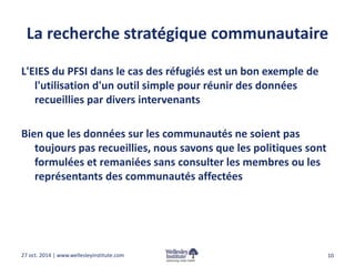 La recherche stratégique communautaire 
L'EIES du PFSI dans le cas des réfugiés est un bon exemple de 
l'utilisation d'un outil simple pour réunir des données 
recueillies par divers intervenants 
Bien que les données sur les communautés ne soient pas 
toujours pas recueillies, nous savons que les politiques sont 
formulées et remaniées sans consulter les membres ou les 
représentants des communautés affectées 
27 oct. 2014 | www.wellesleyinstitute.com 10 
 