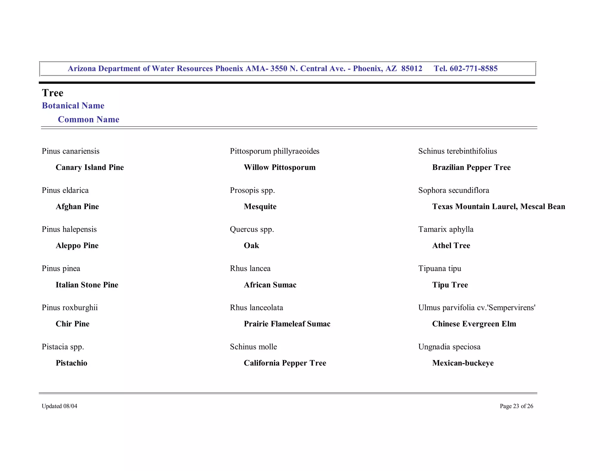 Arizona Department of Water Resources Phoenix AMA­ 3550 N. Central Ave. ­ Phoenix, AZ  85012     Tel. 602­771­8585 


Tree 
Botanical Name 
     Common Name 


Pinus canariensis                                   Pittosporum phillyraeoides                        Schinus terebinthifolius 
     Canary Island Pine                                 Willow Pittosporum                                Brazilian Pepper Tree 

Pinus eldarica                                      Prosopis spp.                                     Sophora secundiflora 
     Afghan Pine                                        Mesquite                                          Texas Mountain Laurel, Mescal Bean 

Pinus halepensis                                    Quercus spp.                                      Tamarix aphylla 
     Aleppo Pine                                        Oak                                               Athel Tree 

Pinus pinea                                         Rhus lancea                                       Tipuana tipu 
     Italian Stone Pine                                 African Sumac                                     Tipu Tree 

Pinus roxburghii                                    Rhus lanceolata                                   Ulmus parvifolia cv.'Sempervirens' 
     Chir Pine                                          Prairie Flameleaf Sumac                           Chinese Evergreen Elm 

Pistacia spp.                                       Schinus molle                                     Ungnadia speciosa 
     Pistachio                                          California Pepper Tree                            Mexican­buckeye 




Updated 08/04                                                                                                                     Page 23 of 26 
 