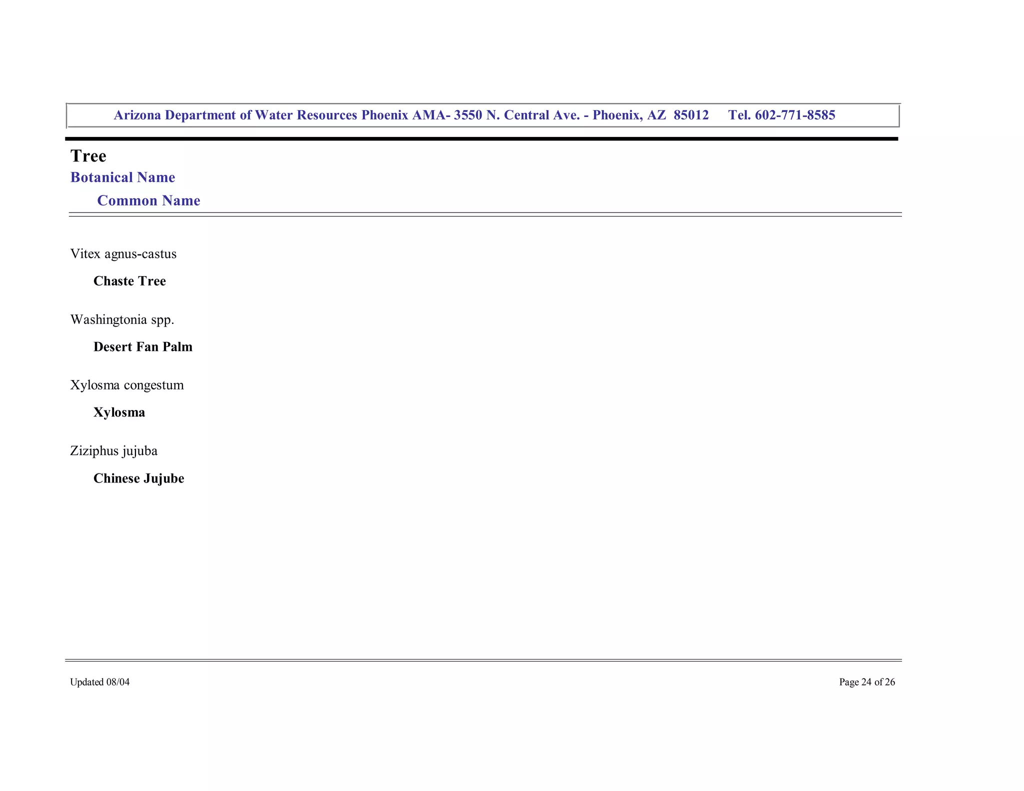 Arizona Department of Water Resources Phoenix AMA­ 3550 N. Central Ave. ­ Phoenix, AZ  85012     Tel. 602­771­8585 


Tree 
Botanical Name 
     Common Name 


Vitex agnus­castus 
     Chaste Tree 

Washingtonia spp. 
     Desert Fan Palm 

Xylosma congestum 
     Xylosma 

Ziziphus jujuba 
     Chinese Jujube 




Updated 08/04                                                                                                                  Page 24 of 26 
 