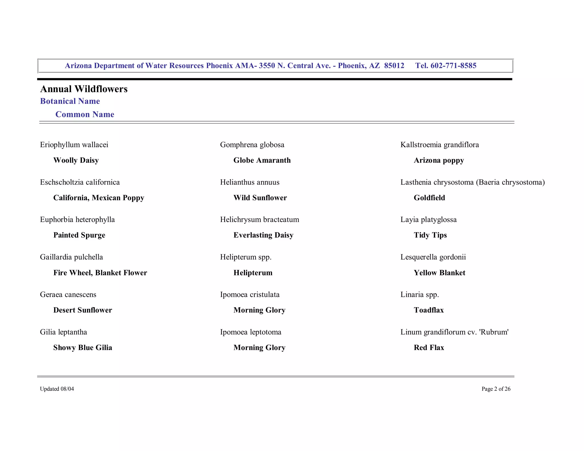 Arizona Department of Water Resources Phoenix AMA­ 3550 N. Central Ave. ­ Phoenix, AZ  85012     Tel. 602­771­8585 


Annual Wildflowers 
Botanical Name 
     Common Name 


Eriophyllum wallacei                                Gomphrena globosa                                 Kallstroemia grandiflora 
     Woolly Daisy                                       Globe Amaranth                                    Arizona poppy 

Eschscholtzia californica                           Helianthus annuus                                 Lasthenia chrysostoma (Baeria chrysostoma) 
     California, Mexican Poppy                          Wild Sunflower                                    Goldfield 

Euphorbia heterophylla                              Helichrysum bracteatum                            Layia platyglossa 
     Painted Spurge                                     Everlasting Daisy                                 Tidy Tips 

Gaillardia pulchella                                Helipterum spp.                                   Lesquerella gordonii 
     Fire Wheel, Blanket Flower                         Helipterum                                        Yellow Blanket 

Geraea canescens                                    Ipomoea cristulata                                Linaria spp. 
     Desert Sunflower                                   Morning Glory                                     Toadflax 

Gilia leptantha                                     Ipomoea leptotoma                                 Linum grandiflorum cv. 'Rubrum' 
     Showy Blue Gilia                                   Morning Glory                                     Red Flax 




Updated 08/04                                                                                                                     Page 2 of 26 
 
