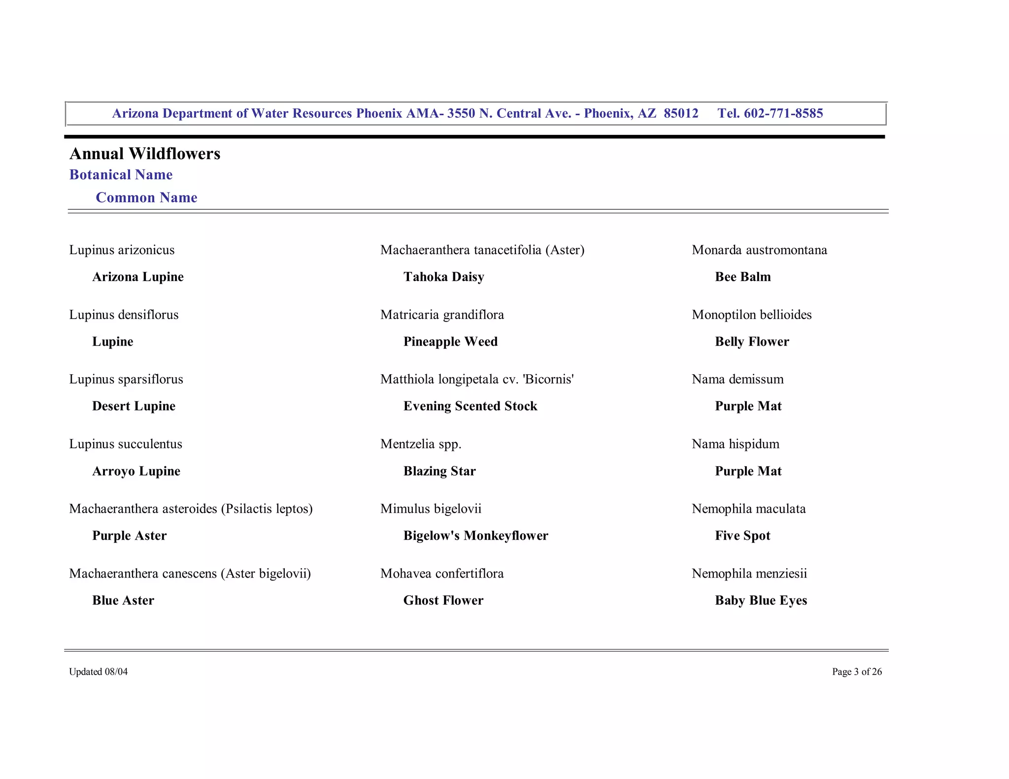 Arizona Department of Water Resources Phoenix AMA­ 3550 N. Central Ave. ­ Phoenix, AZ  85012     Tel. 602­771­8585 


Annual Wildflowers 
Botanical Name 
     Common Name 


Lupinus arizonicus                                  Machaeranthera tanacetifolia (Aster)              Monarda austromontana 
     Arizona Lupine                                     Tahoka Daisy                                      Bee Balm 

Lupinus densiflorus                                 Matricaria grandiflora                            Monoptilon bellioides 
     Lupine                                             Pineapple Weed                                    Belly Flower 

Lupinus sparsiflorus                                Matthiola longipetala cv. 'Bicornis'              Nama demissum 
     Desert Lupine                                      Evening Scented Stock                             Purple Mat 

Lupinus succulentus                                 Mentzelia spp.                                    Nama hispidum 
     Arroyo Lupine                                      Blazing Star                                      Purple Mat 

Machaeranthera asteroides (Psilactis leptos)        Mimulus bigelovii                                 Nemophila maculata 
     Purple Aster                                       Bigelow's Monkeyflower                            Five Spot 

Machaeranthera canescens (Aster bigelovii)          Mohavea confertiflora                             Nemophila menziesii 
     Blue Aster                                         Ghost Flower                                      Baby Blue Eyes 




Updated 08/04                                                                                                                  Page 3 of 26 
 