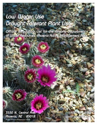Low Water Use
Drought Tolerant Plant List
Official Regulatory List for the Arizona Department
Official Regulatory List for the Arizona Department
of Water Resources, Phoenix Active Management Area
of Water Resources, Phoenix Active Management Area




3550 N.
3550 N.           Central Ave.
                  Central Ave.         (602) 771-8585
                                      (602) 771-8585
Phoenix,
Phoenix,          AZ 85012
                  AZ 85012           www.azwater.gov
                                     www.azwater.gov
Photo - Christina Bickelmann 2004
 