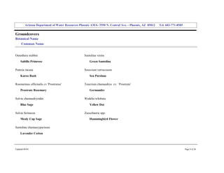Arizona Department of Water Resources Phoenix AMA­ 3550 N. Central Ave. ­ Phoenix, AZ  85012     Tel. 602­771­8585 


Groundcovers 
Botanical Name 
     Common Name 


Oenothera stubbei                                   Santolina virens 
     Saltillo Primrose                                  Green Santolina 

Pentzia incana                                      Sesuvium verrucosum 
     Karoo Bush                                         Sea Purslane 

Rosmarinus officinalis cv.'Prostratus'              Teucrium chamaedrys  cv. `Prostrata' 
     Prostrate Rosemary                                 Germander 

Salvia chamaedryoides                               Wedelia trilobata 
     Blue Sage                                          Yellow Dot 

Salvia farinacea                                    Zauschneria spp. 
     Mealy Cup Sage                                     Hummingbird Flower 

Santolina chamaecyparissus 
     Lavender Cotton 




Updated 08/04                                                                                                                  Page 9 of 26 
 
