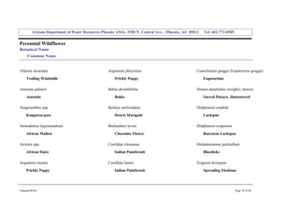 Arizona Department of Water Resources Phoenix AMA­ 3550 N. Central Ave. ­ Phoenix, AZ  85012     Tel. 602­771­8585 


Perennial Wildflower 
Botanical Name 
     Common Name 


Allionia incarnata                                  Argemone platyceras                               Conoclinium greggii (Eupatorium greggii) 
     Trailing Windmills                                 Prickly Poppy                                     Eupatorium 

Amsonia palmeri                                     Bahia absinthifolia                               Datura metaloides (wrightii, inoxia) 
     Amsonia                                            Bahia                                             Sacred Datura, Jimsonweed 

Anigozanthos spp.                                   Baileya multiradiata                              Delphinium amabile 
     Kangaroo­paw                                       Desert Marigold                                   Larkspur 

Anisodontea hypomandrum                             Berlandiera lyrata                                Delphinium scaposum 
     African Mallow                                     Chocolate Flower                                  Barestem Larkspur 

Arctotis spp.                                       Castilleja chromosa                               Dichelostemma pulchellum 
     African Daisy                                      Indian Paintbrush                                 Bluedicks 

Argemone munita                                     Castilleja lanata                                 Erigeron divergens 
     Prickly Poppy                                      Indian Paintbrush                                 Spreading Fleabane 




Updated 08/04                                                                                                                  Page 10 of 26 
 