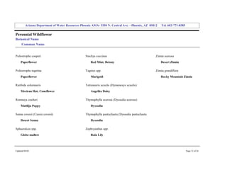 Arizona Department of Water Resources Phoenix AMA­ 3550 N. Central Ave. ­ Phoenix, AZ  85012     Tel. 602­771­8585 


Perennial Wildflower 
Botanical Name 
     Common Name 


Psilostrophe cooperi                                Stachys coccinea                                  Zinnia acerosa 
     Paperflower                                        Red Mint, Betony                                  Desert Zinnia 

Psilostrophe tagetina                               Tagetes spp.                                      Zinnia grandiflora 
     Paperflower                                        Marigold                                          Rocky Mountain Zinnia 

Ratibida columnaris                                 Tetraneuris acaulis (Hymenoxys acaulis) 
     Mexican Hat, Coneflower                            Angelita Daisy 

Romneya coulteri                                    Thymophylla acerosa (Dyssodia acerosa) 
     Matilija Poppy                                     Dyssodia 

Senna covesii (Cassia covesii)                      Thymophylla pentachaeta (Dyssodia pentachaeta) 
     Desert Senna                                       Dyssodia 

Sphaeralcea spp.                                    Zephryanthes spp. 
     Globe­mallow                                       Rain Lily 




Updated 08/04                                                                                                                  Page 12 of 26 
 