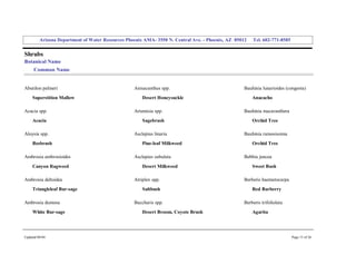Arizona Department of Water Resources Phoenix AMA­ 3550 N. Central Ave. ­ Phoenix, AZ  85012     Tel. 602­771­8585 


Shrubs 
Botanical Name 
     Common Name 


Abutilon palmeri                                    Anisacanthus spp.                                 Bauhinia lunarioides (congesta) 
     Superstition Mallow                                Desert Honeysuckle                                Anacacho 

Acacia spp.                                         Artemisia spp.                                    Bauhinia macaranthera 
     Acacia                                             Sagebrush                                         Orchid Tree 

Aloysia spp.                                        Asclepias linaria                                 Bauhinia ramosissima 
     Beebrush                                           Pine­leaf Milkweed                                Orchid Tree 

Ambrosia ambrosioides                               Asclepias subulata                                Bebbia juncea 
     Canyon Ragweed                                     Desert Milkweed                                   Sweet Bush 

Ambrosia deltoidea                                  Atriplex spp.                                     Berberis haematocarpa 
     Triangleleaf Bur­sage                              Saltbush                                          Red Barberry 

Ambrosia dumosa                                     Baccharis spp.                                    Berberis trifoliolata 
     White Bur­sage                                     Desert Broom, Coyote Brush                        Agarita 




Updated 08/04                                                                                                                  Page 13 of 26 
 