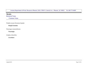 Arizona Department of Water Resources Phoenix AMA­ 3550 N. Central Ave. ­ Phoenix, AZ  85012     Tel. 602­771­8585 


Shrubs 
Botanical Name 
     Common Name 


Wedelia texana (Zexmenia hispida) 
     Rough Zexmenia 

Westringia rosmariniformis 
     Westringia 

Ziziphus obtusifolia 
     Greythorn 




Updated 08/04                                                                                                                  Page 19 of 26 
 