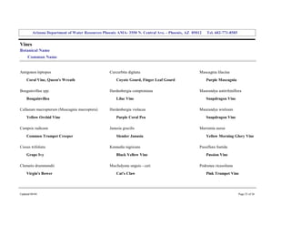 Arizona Department of Water Resources Phoenix AMA­ 3550 N. Central Ave. ­ Phoenix, AZ  85012     Tel. 602­771­8585 


Vines 
Botanical Name 
     Common Name 


Antigonon leptopus                                  Curcurbita digitata                               Mascagnia lilacina 
     Coral Vine, Queen's Wreath                         Coyote Gourd, Finger Leaf Gourd                   Purple Mascagnia 

Bougainvillea spp.                                  Hardenbergia comptoniana                          Maurandya antirrhiniflora 
     Bougainvillea                                      Lilac Vine                                        Snapdragon Vine 

Callaeum macropterum (Mascagnia macroptera)         Hardenbergia violacea                             Maurandya wislizeni 
     Yellow Orchid Vine                                 Purple Coral Pea                                  Snapdragon Vine 

Campsis radicans                                    Janusia gracilis                                  Merremia aurea 
     Common Trumpet Creeper                             Slender Janusia                                   Yellow Morning Glory Vine 

Cissus trifoliata                                   Kennedia nigricans                                Passiflora foetida 
     Grape Ivy                                          Black Yellow Vine                                 Passion Vine 

Clematis drummondii                                 Macfadyena unguis ­ cati                          Podranea ricasoliana 
     Virgin's Bower                                     Cat's Claw                                        Pink Trumpet Vine 




Updated 08/04                                                                                                                  Page 25 of 26 
 