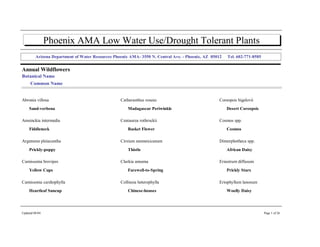 Phoenix AMA Low Water Use/Drought Tolerant Plants 
         Arizona Department of Water Resources Phoenix AMA­ 3550 N. Central Ave. ­ Phoenix, AZ  85012     Tel. 602­771­8585 


Annual Wildflowers 
Botanical Name 
     Common Name 


Abronia villosa                                     Catharanthus roseus                               Coreopsis bigelovii 
     Sand­verbena                                       Madagascar Periwinkle                             Desert Coreopsis 

Amsinckia intermedia                                Centaurea rothrockii                              Cosmos spp. 
     Fiddleneck                                         Basket Flower                                     Cosmos 

Argemone pleiacantha                                Cirsium neomexicanum                              Dimorphotheca spp. 
     Prickly­poppy                                      Thistle                                           African Daisy 

Camissonia brevipes                                 Clarkia amoena                                    Eriastrum diffusum 
     Yellow Cups                                        Farewell­to­Spring                                Prickly Stars 

Camissonia cardiophylla                             Collinsia heterophylla                            Eriophyllum lanosum 
     Heartleaf Suncup                                   Chinese­houses                                    Woolly Daisy 




Updated 08/04                                                                                                                  Page 1 of 26 
 