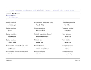 Arizona Department of Water Resources Phoenix AMA­ 3550 N. Central Ave. ­ Phoenix, AZ  85012     Tel. 602­771­8585 


Annual Wildflowers 
Botanical Name 
     Common Name 


Lupinus arizonicus                                  Machaeranthera tanacetifolia (Aster)              Monarda austromontana 
     Arizona Lupine                                     Tahoka Daisy                                      Bee Balm 

Lupinus densiflorus                                 Matricaria grandiflora                            Monoptilon bellioides 
     Lupine                                             Pineapple Weed                                    Belly Flower 

Lupinus sparsiflorus                                Matthiola longipetala cv. 'Bicornis'              Nama demissum 
     Desert Lupine                                      Evening Scented Stock                             Purple Mat 

Lupinus succulentus                                 Mentzelia spp.                                    Nama hispidum 
     Arroyo Lupine                                      Blazing Star                                      Purple Mat 

Machaeranthera asteroides (Psilactis leptos)        Mimulus bigelovii                                 Nemophila maculata 
     Purple Aster                                       Bigelow's Monkeyflower                            Five Spot 

Machaeranthera canescens (Aster bigelovii)          Mohavea confertiflora                             Nemophila menziesii 
     Blue Aster                                         Ghost Flower                                      Baby Blue Eyes 




Updated 08/04                                                                                                                  Page 3 of 26 
 