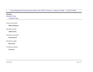 Arizona Department of Water Resources Phoenix AMA­ 3550 N. Central Ave. ­ Phoenix, AZ  85012     Tel. 602­771­8585 


Grasses 
Botanical Name 
     Common Name 


Setaria macrostachya 
     Plains Bristlegrass 

Sporobolus airoides 
     Alkali Sacaton 

Sporobolus cryptandrus 
     Sand Dropseed 

Sporobolus wrightii 
     Big Sacaton 

Trichachne californica 
     Cotton top 




Updated 08/04                                                                                                                  Page 7 of 26 
 