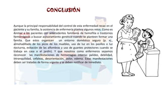 Aunque la principal responsabilidad del control de esta enfermedad recae en el
paciente y su familia, la asistencia de enfermería plantea algunos retos. Como es
Animar a los pacientes con antecedentes familiares de hemofilia o trastornos
hemorrágicos a buscar asesoramiento genético cuando se planteen formar una
familia. Que estos organicen un entorno doméstico seguro (p. ej.,
almohadillado de los picos de los muebles, uso de luz en los pasillos o luz
nocturna, evitación de las alfombras y uso de guantes protectores cuando se
trabaja en casa o el jardín). Y que nosotros como enfermeros sepamos
reconocer las manifestaciones de hemorragias interna: palidez, debilidad,
intranquilidad, cefaleas, desorientación, dolor, edema. Estas manifestaciones
deben ser tratadas de forma urgente y se deben notificar de inmediato.
 