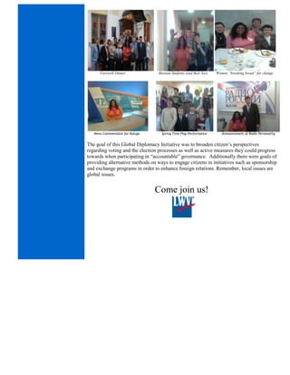 Farewell Dinner Russian Students send their love Women “breaking bread” for change
News Commentator for Kaluga Spring Time Play Performance Announcement of Radio Personality
The goal of this Global Diplomacy Initiative was to broaden citizen’s perspectives
regarding voting and the election processes as well as active measures they could progress
towards when participating in “accountable” governance. Additionally there were goals of
providing alternative methods on ways to engage citizens in initiatives such as sponsorship
and exchange programs in order to enhance foreign relations. Remember, local issues are
global issues.
Come join us!
 